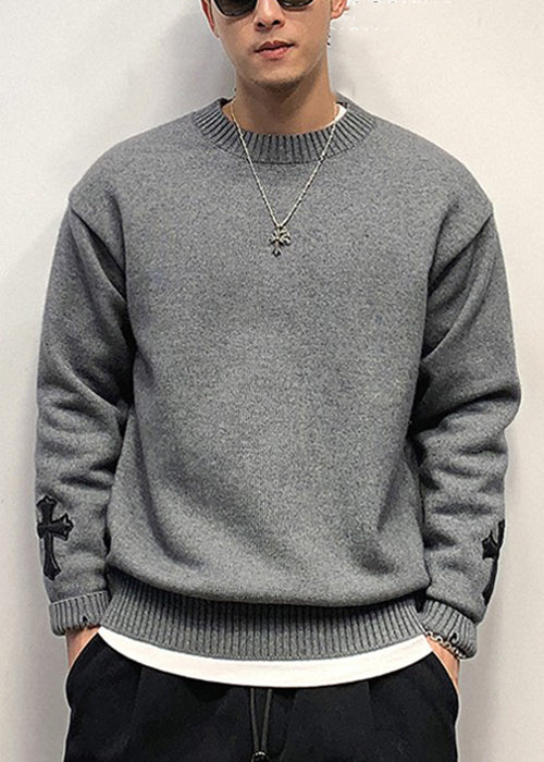 New White Cross Solid Cozy Knit Sweaters Men Fall