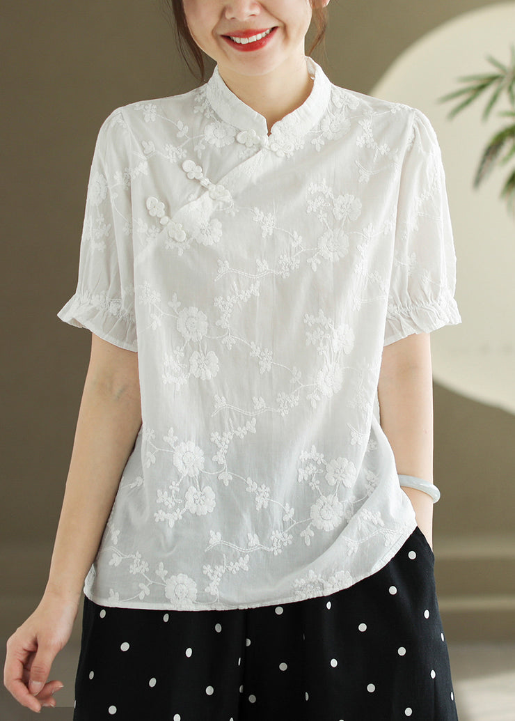 New White Embroidered Button Cotton Blouse Summer