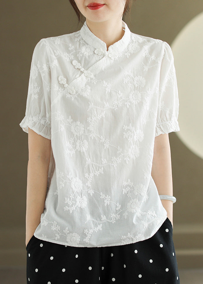 New White Embroidered Button Cotton Blouse Summer