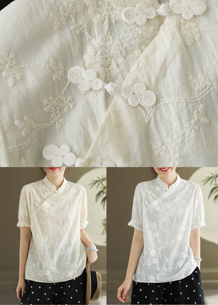New White Embroidered Button Cotton Blouse Summer
