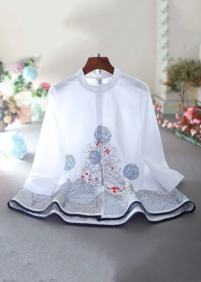 New White Embroidered Button Cotton Shirt Bracelet Sleeve