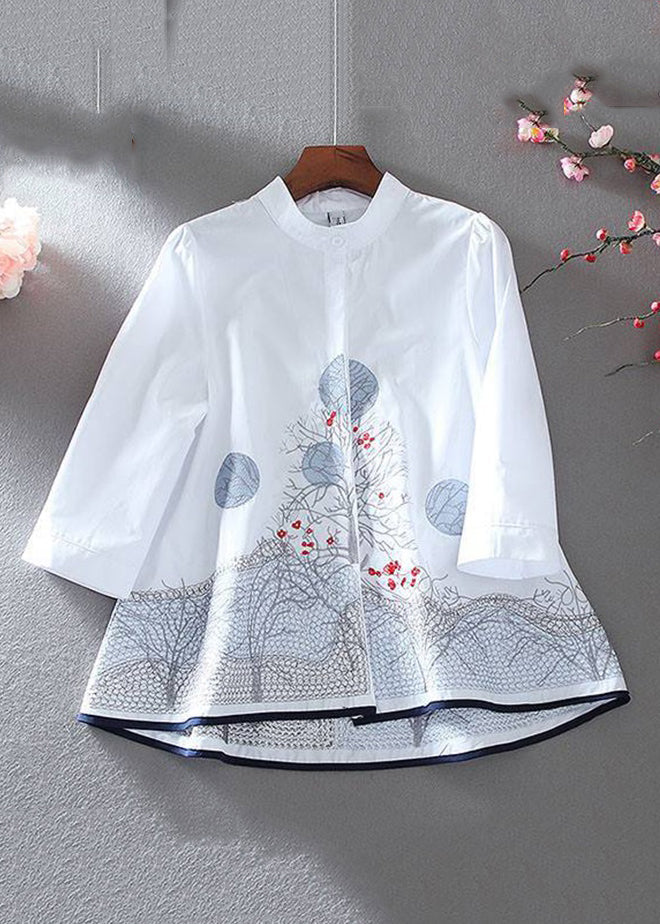 New White Embroidered Button Cotton Shirt Bracelet Sleeve