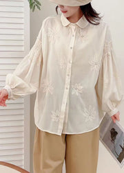 New White Embroidered Button Cotton Shirt Long Sleeve