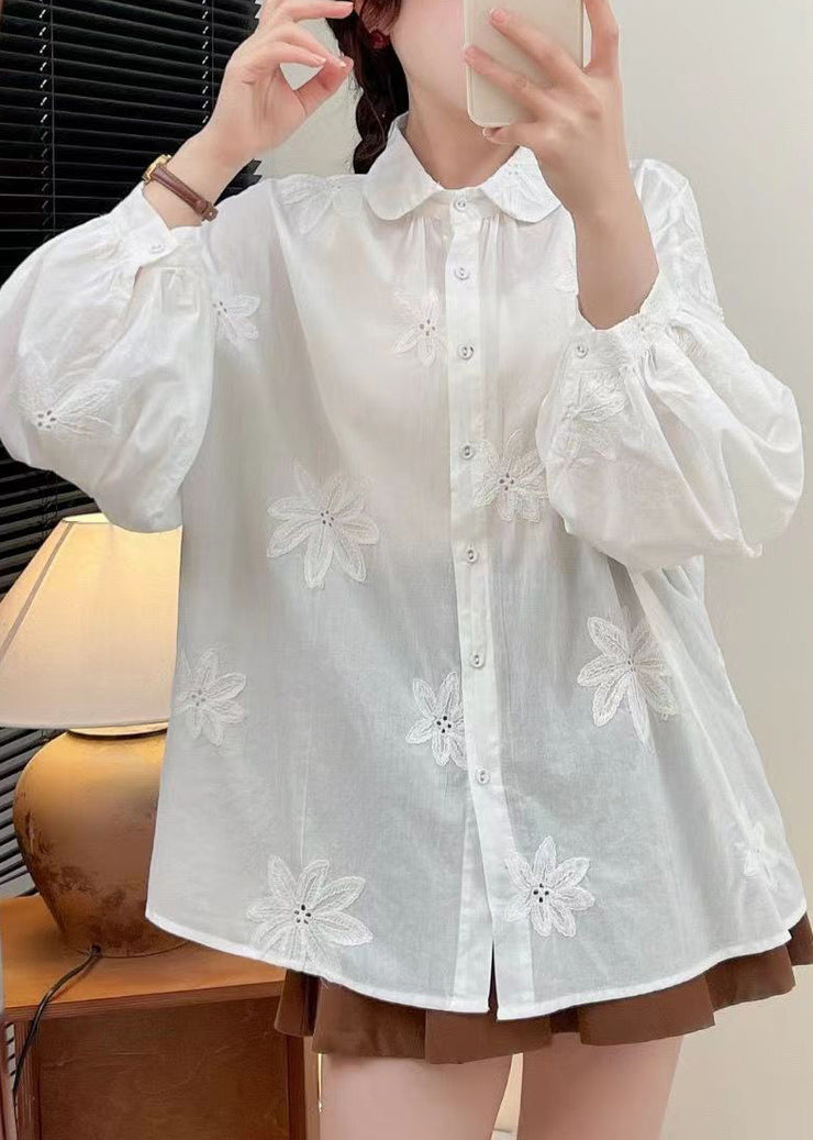 New White Embroidered Button Cotton Shirt Long Sleeve