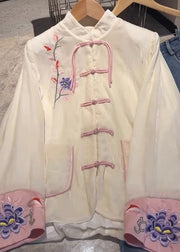 New White Embroidered Button Silk Shirt Long Sleeve