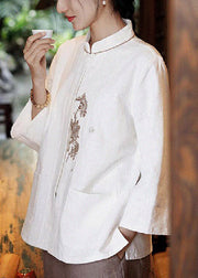 New White Embroidered Pockets Linen Shirt Long Sleeve