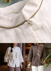 New White Embroidered Pockets Linen Shirt Long Sleeve