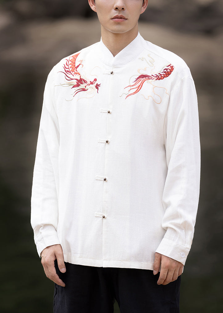 New White Embroideried Button Cotton Men Shirts Fall