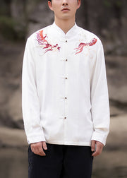 New White Embroideried Button Cotton Men Shirts Fall