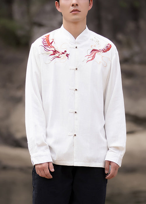 New White Embroideried Button Cotton Men Shirts Spring