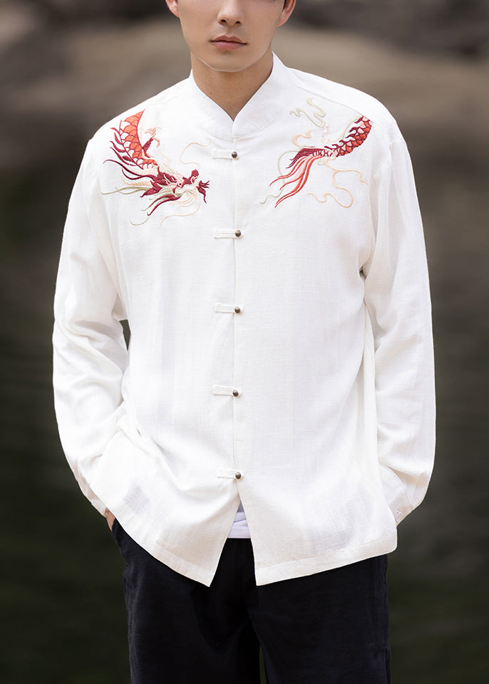 New White Embroideried Button Cotton Men Shirts Spring