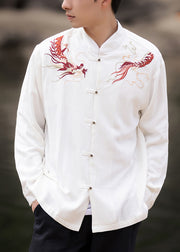 New White Embroideried Button Cotton Men Shirts Spring