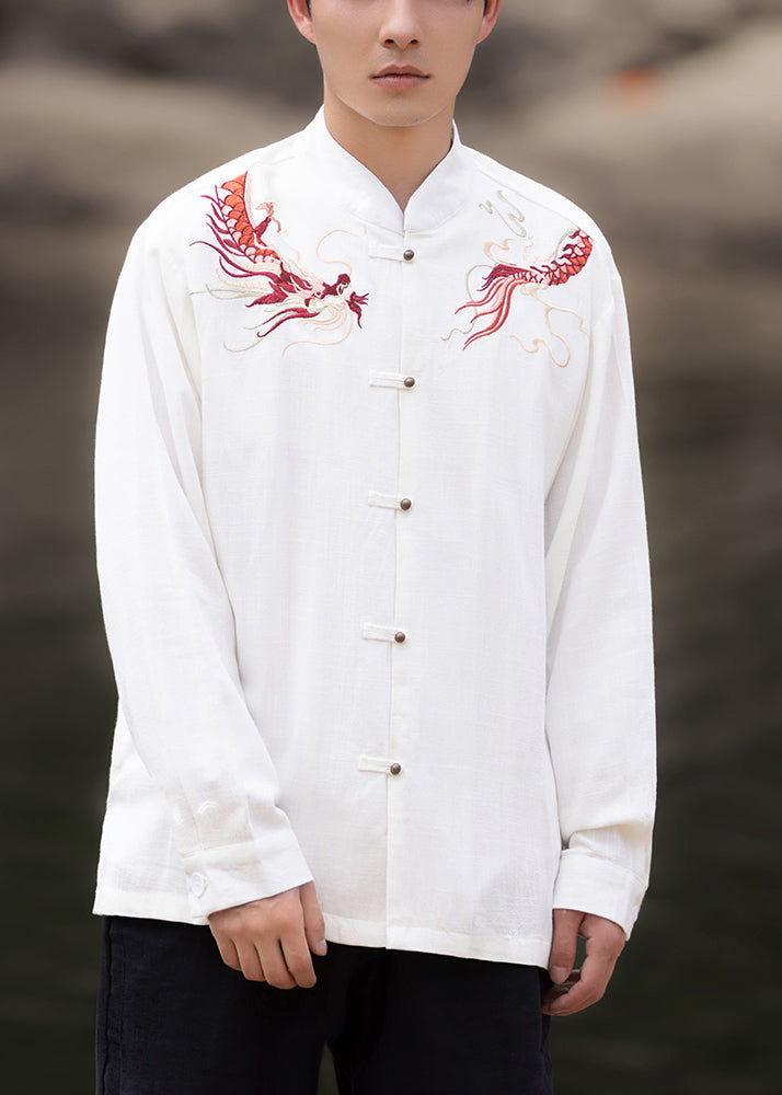 New White Embroideried Button Cotton Men Shirts Spring