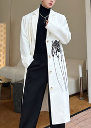 New White Embroideried Button Cotton Mens Trench Coats Fall