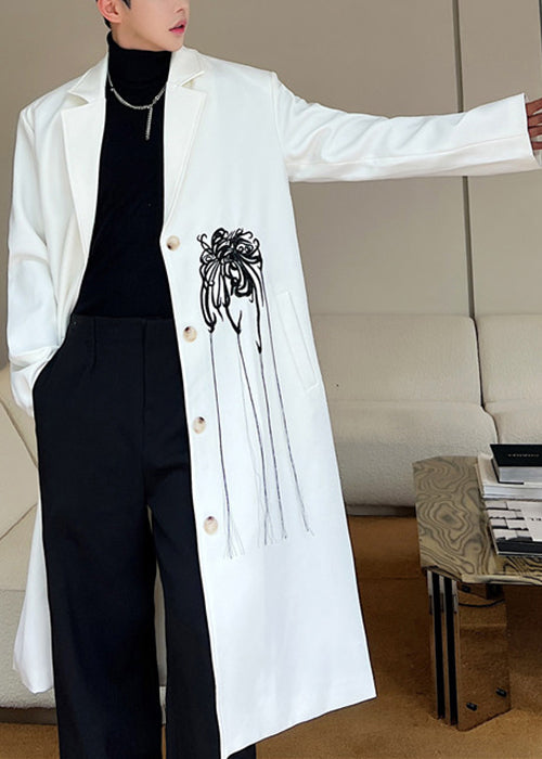 New White Embroideried Button Cotton Mens Trench Coats Fall