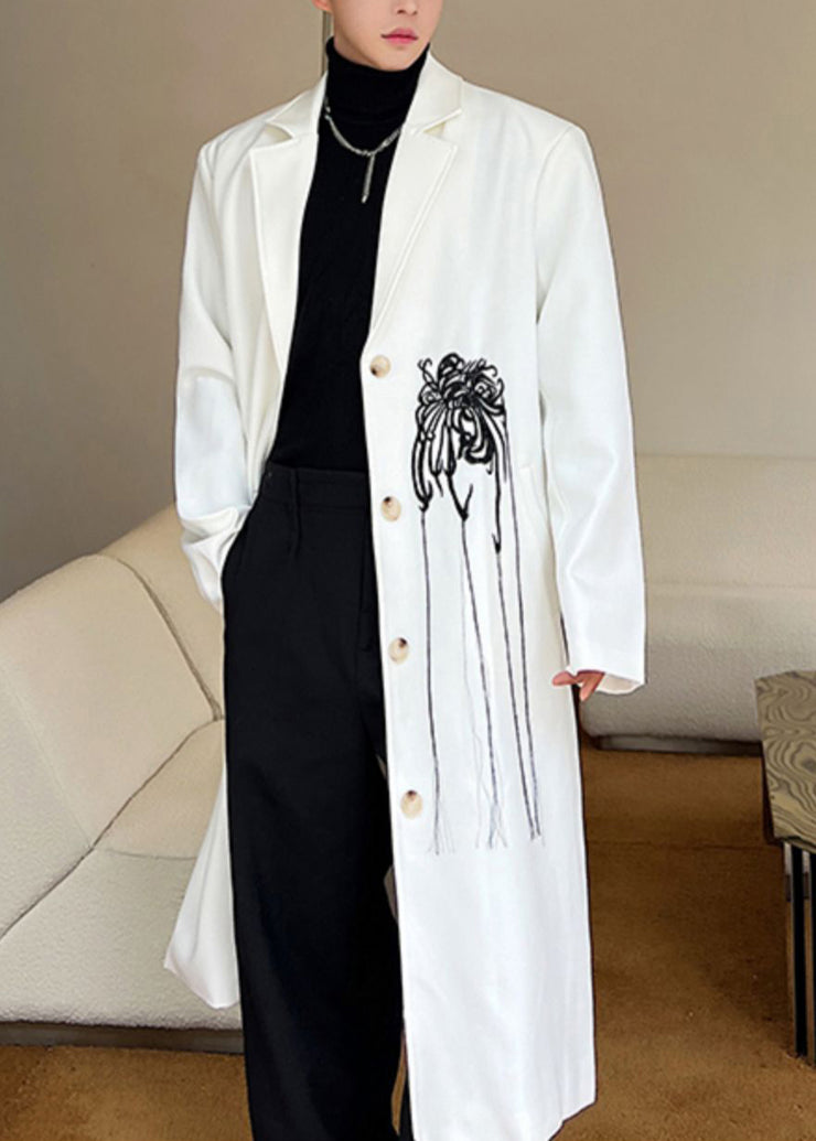 New White Embroideried Button Cotton Mens Trench Coats Fall