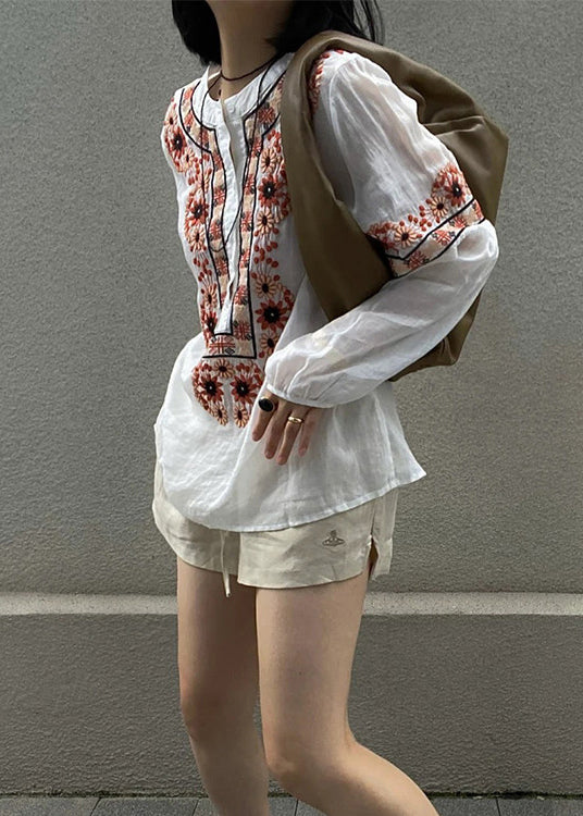 New White Embroidered Button Patchwork Cotton Blouses Fall