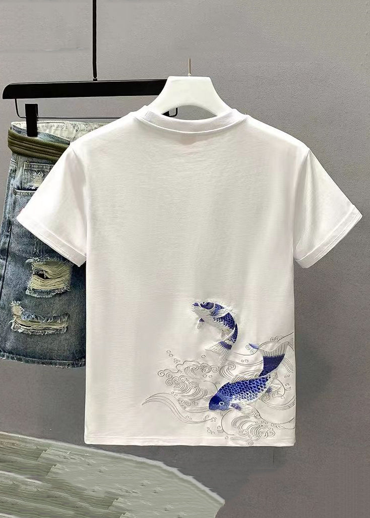 New White Embroideried Cozy Solid Cotton Mens T Shirts Summer
