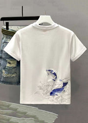New White Embroideried Cozy Solid Cotton Mens T Shirts Summer