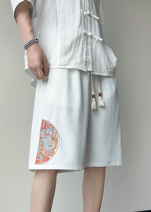 New White Embroideried Pockets Ice Silk Summer Mens Shorts