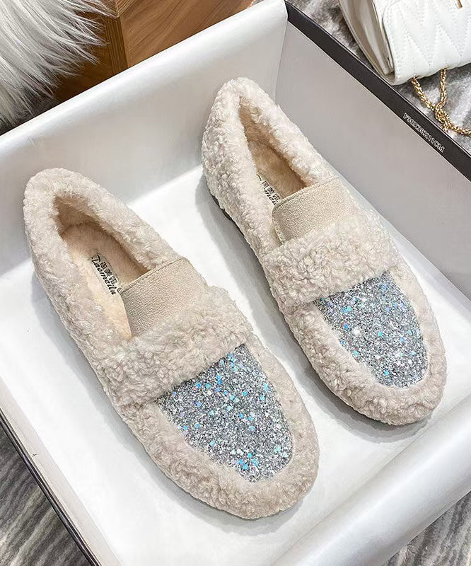 New White Faux Fur Warm Splicing Flat Shoes Sequins