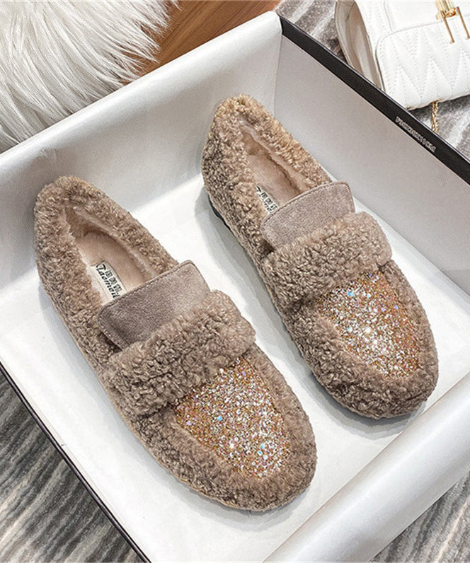 New White Faux Fur Warm Splicing Flat Shoes Sequins