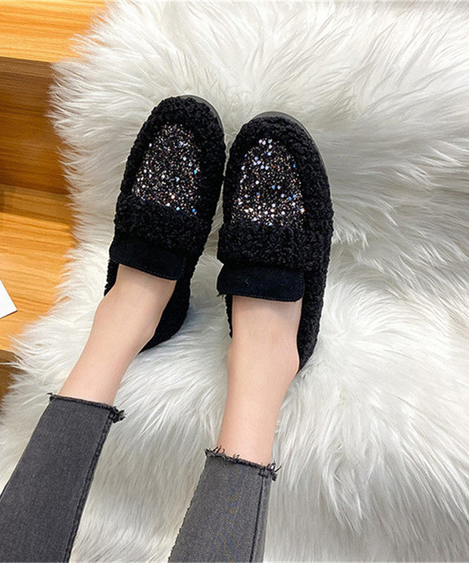 New White Faux Fur Warm Splicing Flat Shoes Sequins