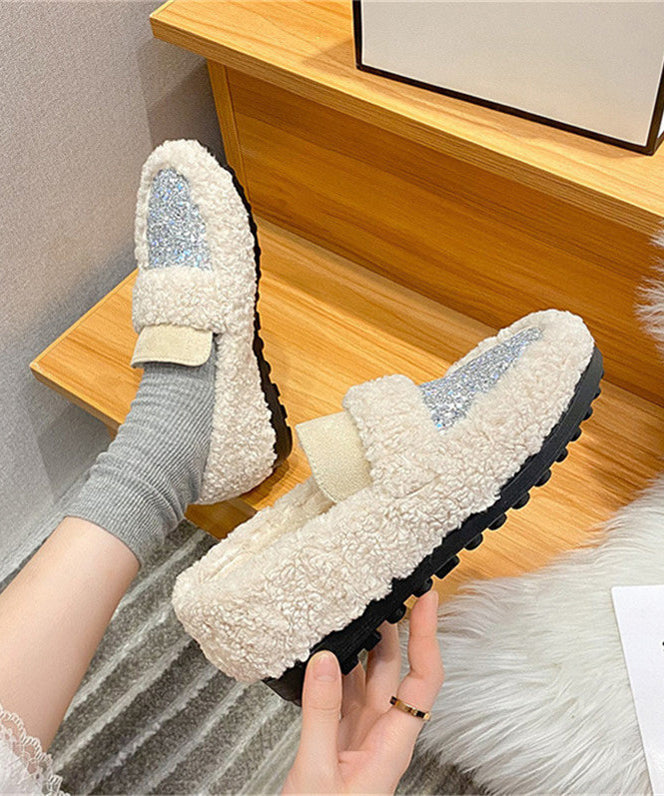 New White Faux Fur Warm Splicing Flat Shoes Sequins