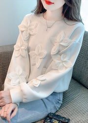 New White Floral Solid Patchwork Cotton T Shirt Fall