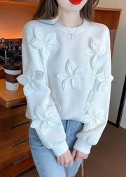 New White Floral Solid Patchwork Cotton T Shirt Fall