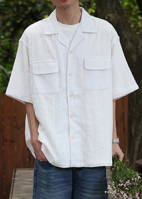 New White Hollow Out Button Cotton Men Shirt Summer