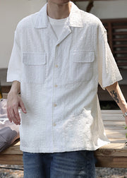 New White Hollow Out Button Cotton Men Shirt Summer