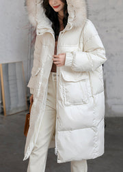 New White Hooded Zippered Duck Down Long Coat Long Sleeve