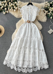 New White Lace Hollow Out Cotton Dress Sleeveless