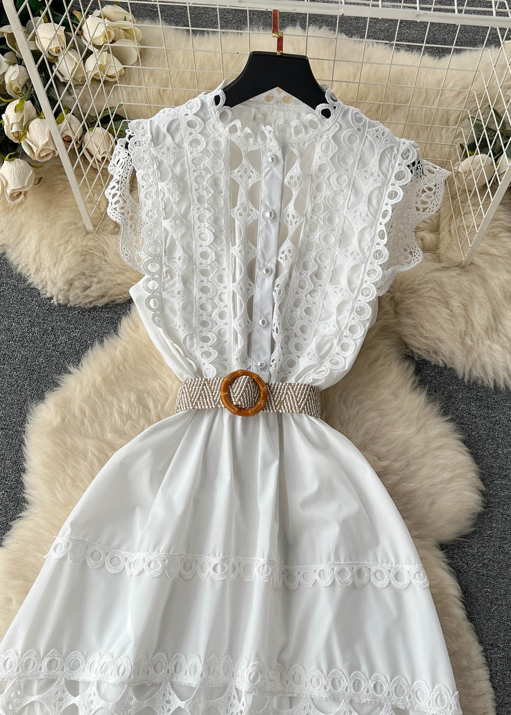 New White Lace Hollow Out Cotton Dress Sleeveless