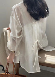 New White Lace Up Button Silk Shirt Long Sleeve