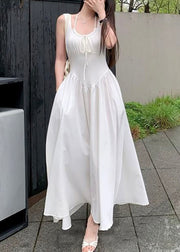 New White Lace Up Pockets Cotton Long Dress Sleeveless