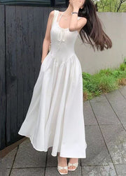 New White Lace Up Pockets Cotton Long Dress Sleeveless