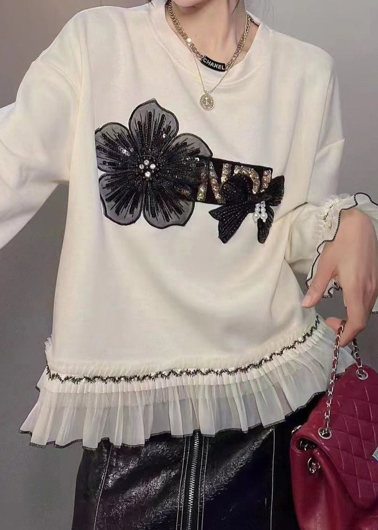 New White Nail Bead Patchwork Cotton Sweatshirts Flare Sleeve