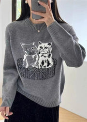 New White O Neck Animal Cozy Knit Sweaters Fall