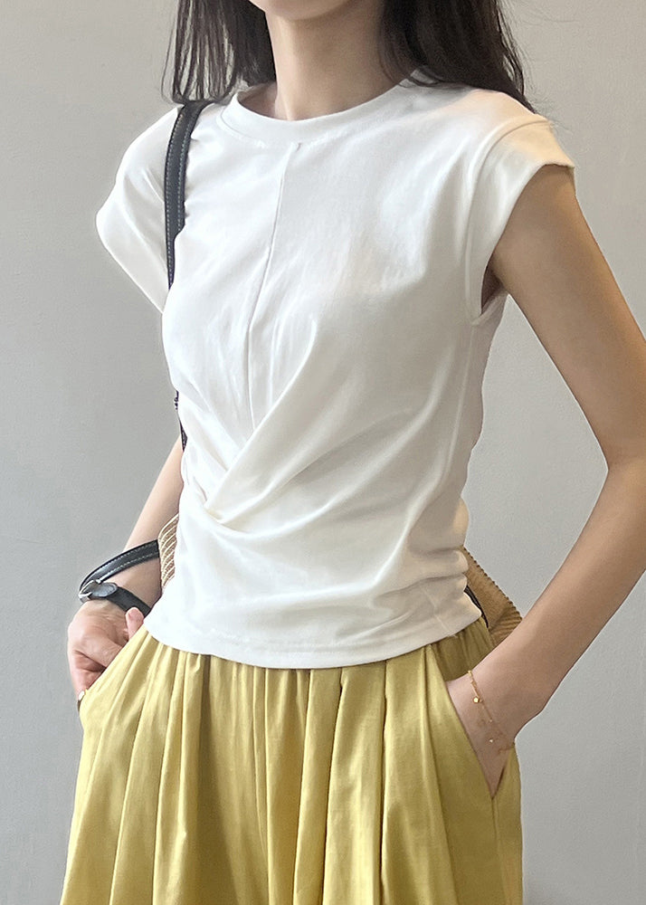 New White O Neck Asymmetrical Wrinkled Cotton T Shirt Summer