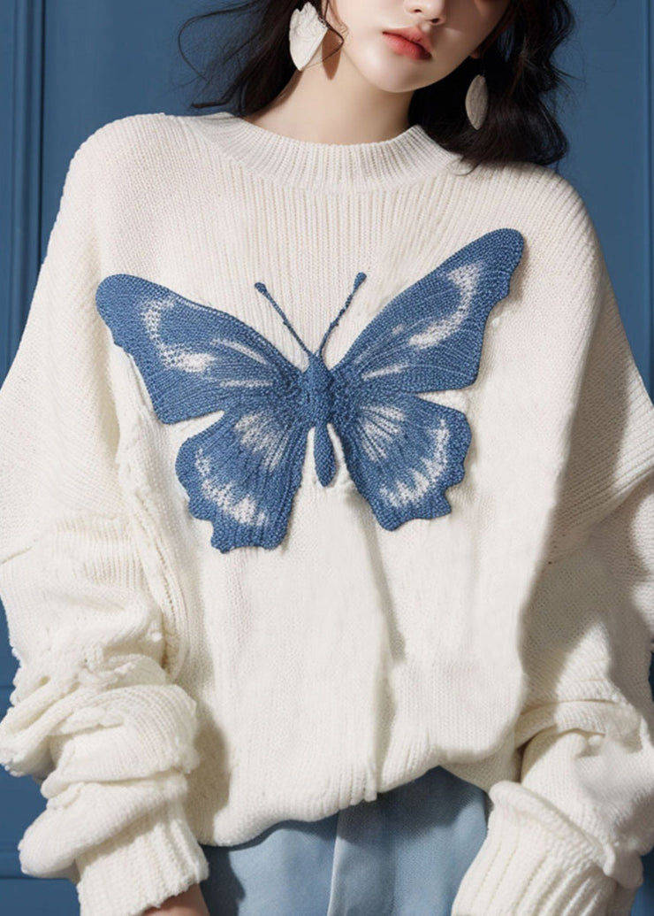 New White O Neck Butterfly Cozy Knit Sweater Fall