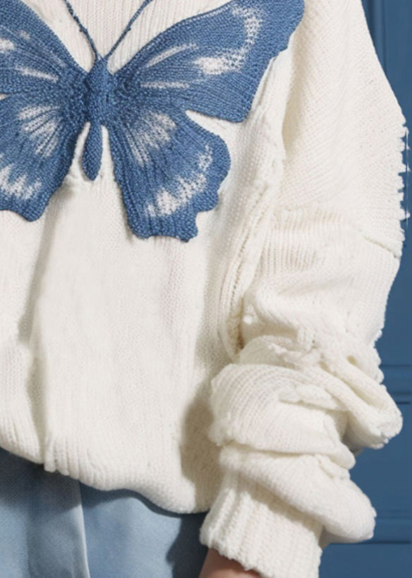 New White O Neck Butterfly Cozy Knit Sweater Fall