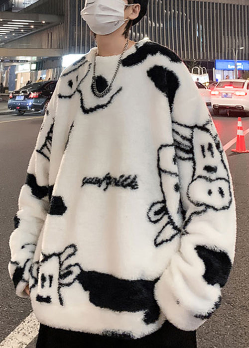 New White O Neck Cartoon Fluffy Men Sweatshirt Pajamas Winter