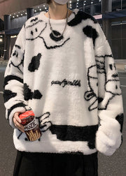 New White O Neck Cartoon Fluffy Men Sweatshirt Pajamas Winter