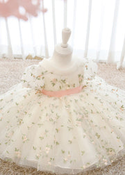 New White O-Neck Embroideried Tulle Kids Long Dresses Short Sleeve