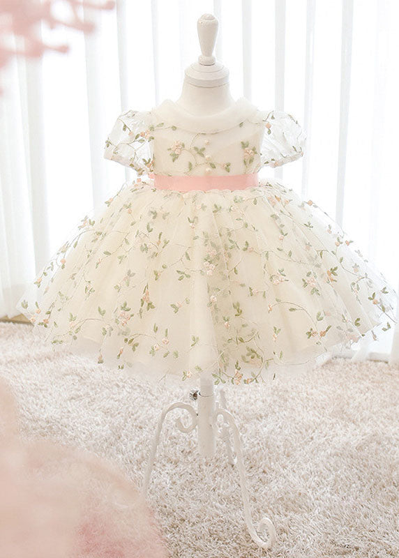 New White O-Neck Embroideried Tulle Kids Long Dresses Short Sleeve