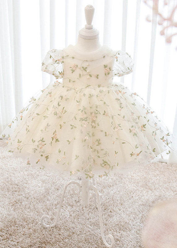 New White O-Neck Embroideried Tulle Kids Long Dresses Short Sleeve