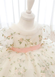 New White O-Neck Embroideried Tulle Kids Long Dresses Short Sleeve