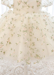 New White O-Neck Embroideried Tulle Kids Long Dresses Short Sleeve